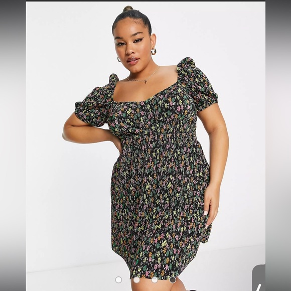 ASOS Curve Dresses & Skirts - ASOS DESIGN Curve plisse mini tea dress with waist detail in black ditsy floral